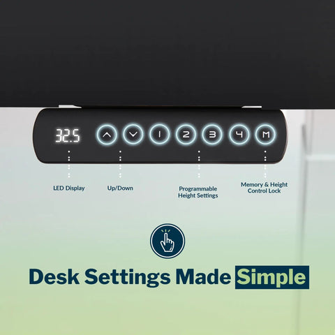 Top Tier Curved Electric Standing Desk With Quiet Dual Motors, Ultimate Triple Monitor Gaming Command Center And Smooth Height Adjustment In Fresh Black Slate control panel with LED display and programmable settings.