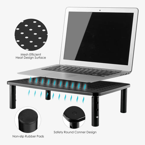 Laptop on TV And Monitor Riser Desk Stand With Sturdy Metal Frame, Large 14.6 Inch By 9.3 Inch Platform, Three Height Adjustable Mesh Shelf