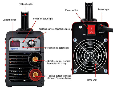 Rugged 110V 220V Stick Welder With 140 Amp Arc Output IGBT Inverter Digital LCD Display front and back view labeled