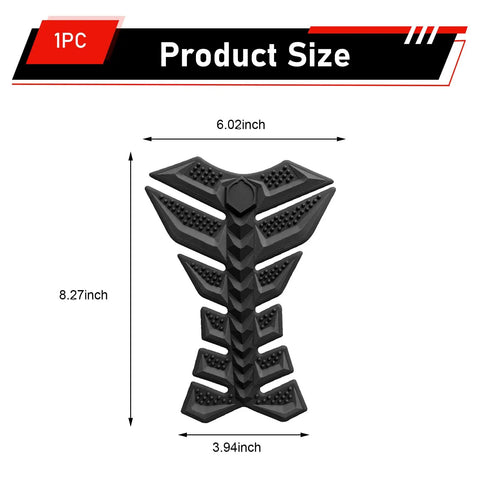 Badass 3D Rubber Fishbone Motorcycle Tank Pad With Grippy Antislip Knee Grip For Universal Street Bike Fuel Tanks Custom Black Pro Ride Armor Sticker size display showing dimensions 6.02x8.27x3.94 inches.
