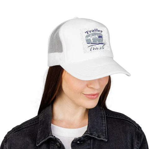 Funny Camping Trailer Trash Trucker Hat White For RV Lovers And Camp Fans