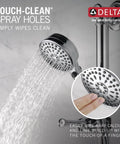9 Spray Slide Bar Handheld Shower With Hose Chrome Finish in use, showing water spray and touch-clean feature close-up.