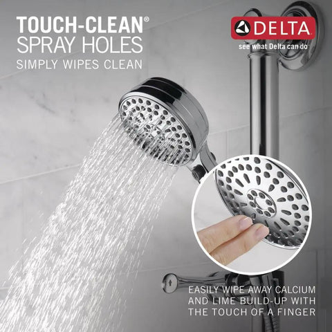 9 Spray Slide Bar Handheld Shower With Hose Chrome Finish in use, showing water spray and touch-clean feature close-up.