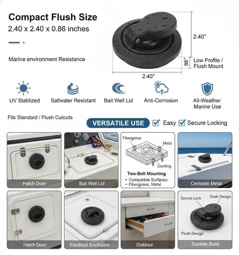 2-Inch Black UV Stabilized Flush Mount Slam Latch With Recessed Handle Ring For Boat Hatches, RVs And Campers shown in use