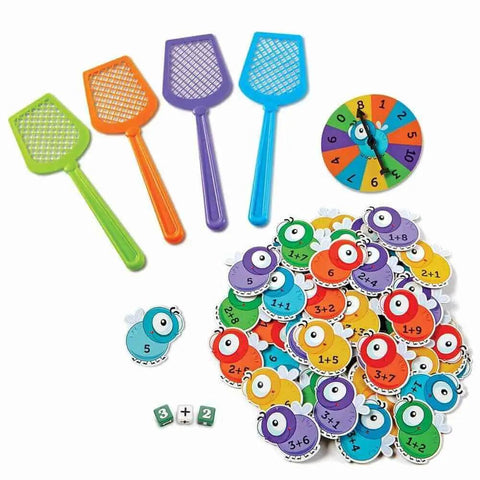 Mathswatters Addition And Subtraction Game For Kids With Fly Swatters, Flash Cards, Number Dice, and Colorful Spinner