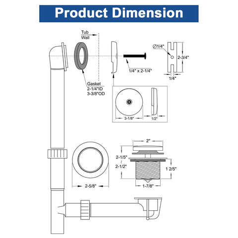 Dimensions diagram of Brass Tip Toe Tub Drain Kit With Basket Strainer And Single Hole Overflow Faceplate in Oil Rubbed Bronze