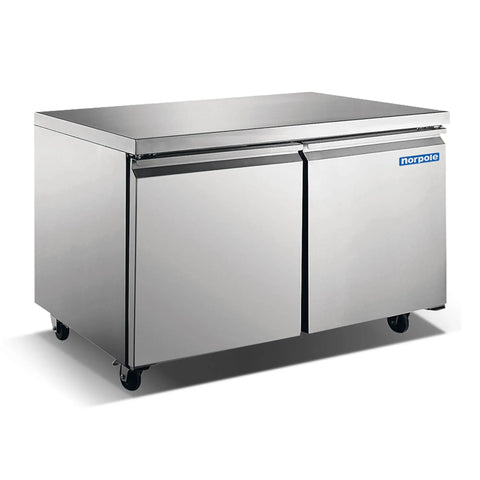 Top Shelf Commercial Under Counter Refrigerator 60 Inch Stainless Steel 15 Cubic Foot Frost Free Cooling with double doors.