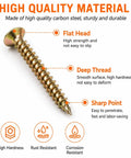 Massive 600 Piece M4 Wood Screw Kit With Storage Box And Driver Bit Nine Common Sizes M4 12 14 16 20 25 30 35 40 50 Mm highlighting flat head, deep thread, sharp point features