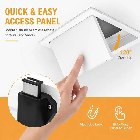 Heavy Duty Aluminum Flush Mount Access Panel with hand demonstrating 120° opening mechanism, sleek design for drywall use.