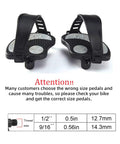 Replacement 9/16 Inch Exercise Bike Pedals With Straps For Indoor Recumbent, Exercise Bike, Spin Bike And Upright Models - Front view of black pedals with straps; size comparison diagram included.