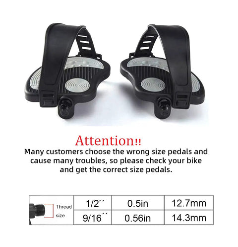 Replacement 9/16 Inch Exercise Bike Pedals With Straps For Indoor Recumbent, Exercise Bike, Spin Bike And Upright Models - Front view of black pedals with straps; size comparison diagram included.