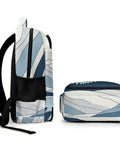 Side and bottom view of Minimal Mountain Lake Art Backpack For Everyday Carry Unisex Large Capacity Durable Polyester with Smooth Zipper.