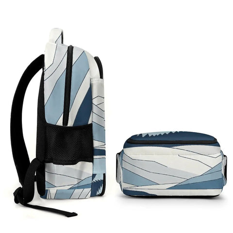 Side and bottom view of Minimal Mountain Lake Art Backpack For Everyday Carry Unisex Large Capacity Durable Polyester with Smooth Zipper.