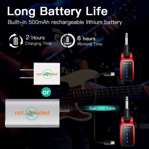 UHF Wireless Guitar System With 15 Channels, Rechargeable Transmitter And Receiver For Electric Guitars, Long Battery Life