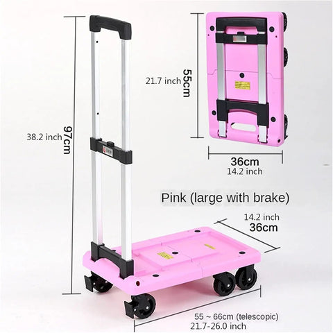 No Sweat Heavy Duty Folding Hand Truck With Smooth 360 Degree Swivel Wheels And Retractable Deck Platform Cart in pink size details.