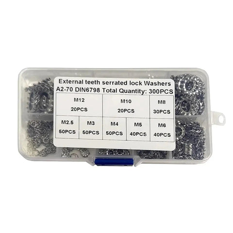 Stainless Steel 304 External Toothed Washers Set 300 Piece Serrated Lock Gasket Assortment in plastic box