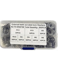 Stainless Steel 304 External Tooth Lock Washers and Serrated Gasket Set in clear case, 300 piece fastener kit visible.