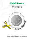 Child-secure packaging for Badass LR1130 And AG10 Button Cell Batteries 20 Pack 1.5V Alkaline Power, emphasizing safety.