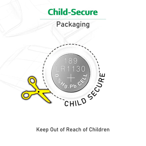Child-secure packaging for Badass LR1130 And AG10 Button Cell Batteries 20 Pack 1.5V Alkaline Power, emphasizing safety.