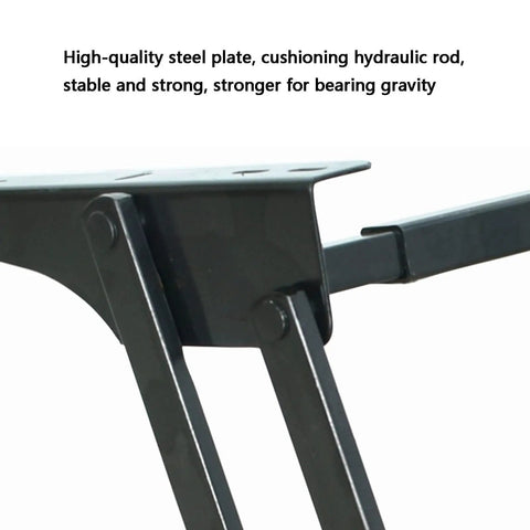 No Sweat Lift Top Coffee Table Kit With Heavy Duty Pneumatic Hinges showing steel plate and hydraulic rod for stability.