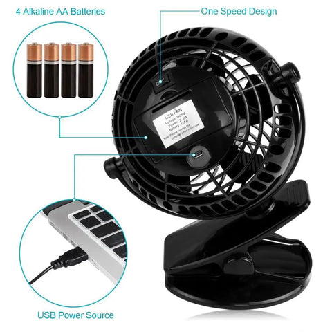 Clip On Fan Battery Operated With 360 Degree Rotation 8 Free AA Batteries Included Quiet USB Or Battery Powered Personal Fan