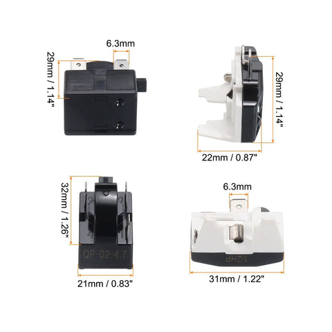 Refrigerator PTC Starter Relay With 3 Pin 4.7 Ohm Overload Protector, 1/2 HP, detailed views with dimensions for fridges.