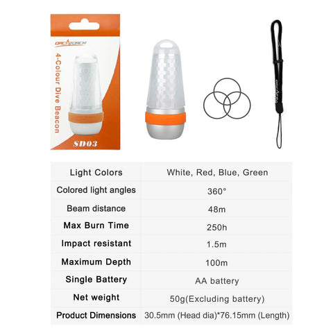 4 Color Dive Signal Light With 8 Modes For Scuba Beacons 360 Degree Illumination shown with packaging details and accessories