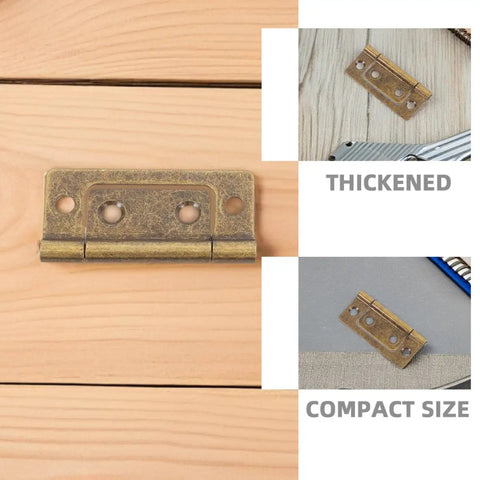 Heavy Duty Stainless Steel Cabinet Door Hinges 10 Pack, Flush Mount Non Mortise Hinges displayed on wood, showing durability and compact size.