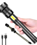 Person holding Rechargeable LED Flashlight Beast Mode Brightness 90000 Lumen Tactical Zoomable Flashlight with USB cable