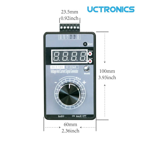 Front view of DC Plus Or Minus Ten Volt Output And Four To Twenty Milliamp Current Loop Signal Generator With USB Power