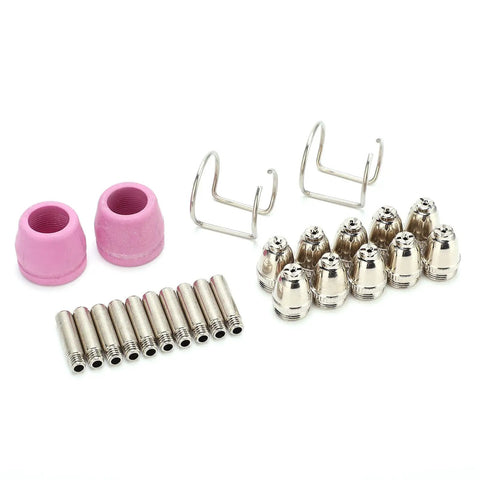 Top Shred Plasma Cutting Torch Consumables 24 Pack Copper Electrodes Contact Tips And Ceramics, pink ceramic nozzles and metal tips.