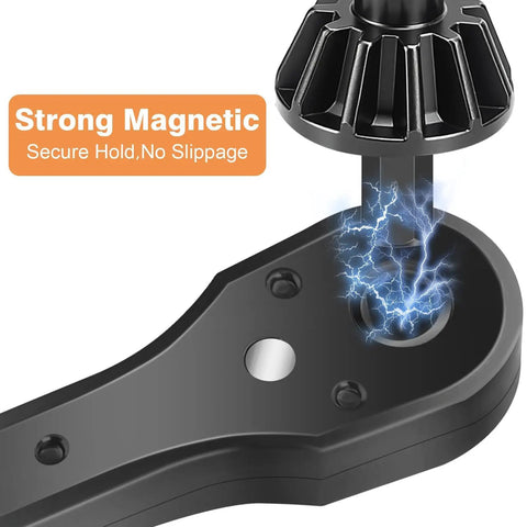 Sunny 3 In 1 Ratchet Drill Chuck Key Spanner Wrench With Magnetic Tip showing strong magnetic hold and blade for easy bit changes.