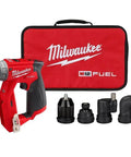 Tough As Nails M12 Brushless Professional Installation Drill Driver with attachments and carrying case for tight corner access.