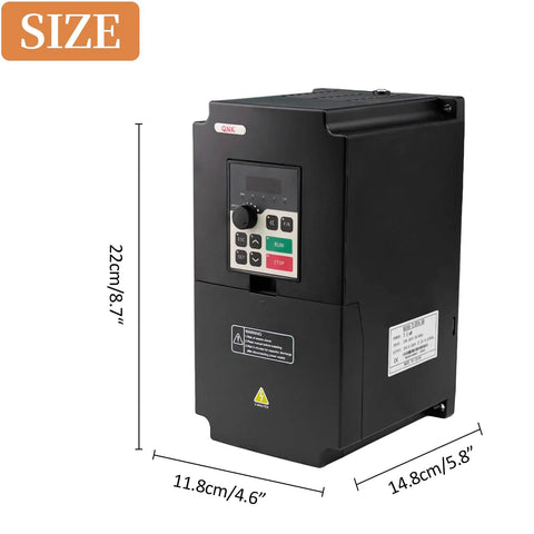 Beast Of A Seven Point Five Kilowatt Ten Horsepower 380V VFD Inverter For Single Phase To Three Phase Motors, 0 To 2000 Hz Output, One Phase Or Three Phase Input, Low Noise Operation, Low EMI, PWM Control Tech, front view 22cm x 14.8cm x 11.8cm