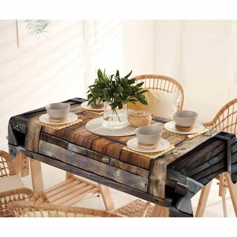 Antique Wooden Door Rectangular Tablecloth 60x84 Inch Outdoor Rustic Brown Barn Farm Timber Table Cover set on dining table.