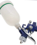Heavy Duty 300ml Plastic Spray Airbrush Pot With Threaded Fitting For HVLP Gravity Fed Mini Paint Guns And Pneumatic Tools, shown attached to an airbrush.