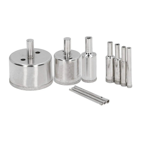 Top Tier Hole Saw Kit That Crushes Glass Tile And Ceramic With Ease Featuring Ten Pieces Ranging From 3mm To 50mm For Smooth Drilling And Home Repair Projects Without The Hassle. Set of silver diamond hole saw bits and drill guides for glass and ceramic drilling