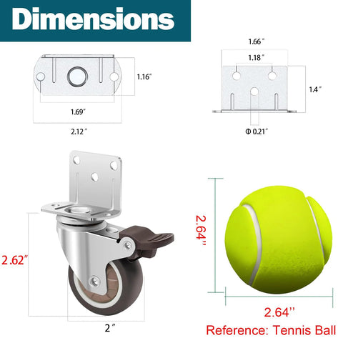 Side Mount L Shaped Plate 2 Inch Rubber Casters Set Of 4 With 2 Swivel And 2 Brakes Heavy Duty Low Profile Casters dimensions