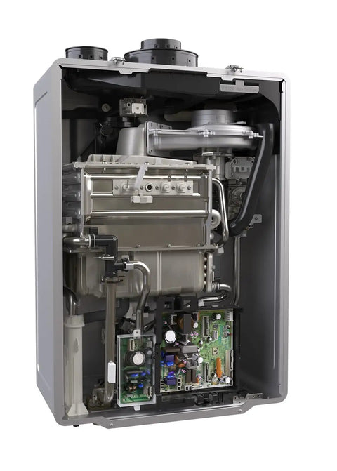 Detailed view of Heavy Duty Tankless Water Heater Indoor Outdoor Propane Natural Gas Compatible showing internal components and sensor system.