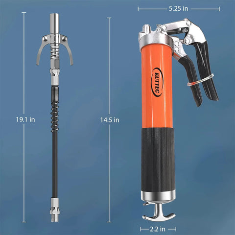 Pro Grade Heavy Duty 9000 PSI Grease Gun Kit With Quick Release Coupler, Leak Proof 14oz Canister, Dual Hoses, and Spring Flex Hose