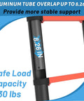 Telescoping Ladder Eight And A Half Foot Extension Ladder With Easy Fold One Step Collapsible Design For RV Home And Outdoor Use Aluminum Build Lightweight Yet Sturdy Supports Up To 330 Lbs. close-up, 8.26 in overlap, 330 lb capacity