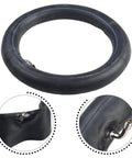 Premium 14x2.50 Butyl Rubber Inner Tube for E-Bike Scooter, Heavy Duty Puncture Resistant Design, Air Tight Seal, Super Reliable Flat Repair Part For Smooth Ride. Black 14x2.50 butyl rubber inner tube with valve, shown in three views.