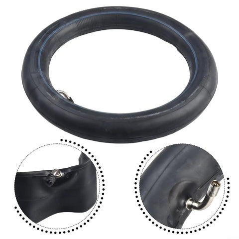 Premium 14x2.50 Butyl Rubber Inner Tube for E-Bike Scooter, Heavy Duty Puncture Resistant Design, Air Tight Seal, Super Reliable Flat Repair Part For Smooth Ride. Black 14x2.50 butyl rubber inner tube with valve, shown in three views.