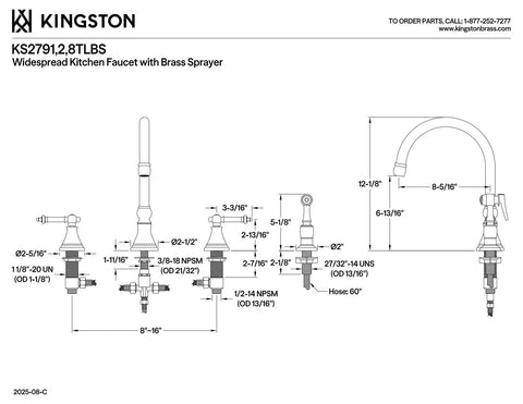 Technical diagram of Templeton Widespread Kitchen Faucet With A Slick Polished Chrome Finish showing dimensions and components.