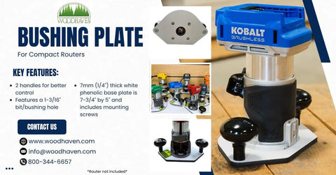 Heavy Duty Guide Bushing Baseplate For Compact Cordless Router, 7mm white phenolic, 7-3/4" x 5", compatible with compact routers.