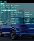 Blue car highlighting fitment for Audi and VW models with PCV Valve Diaphragm Cover Kit For Audi And VW Models Fits A3 A4 A5 Q5 RS Q3 RS3 S3 TT Beetle Golf Jetta Passat CC GTI Rabbit Prolongs Valve Life Reduces Sludge And Engine Wear Keeps Your Engine Running Smooth Easy Install.