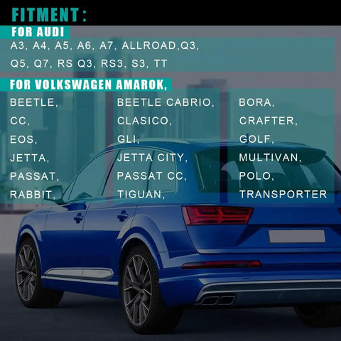 Blue car highlighting fitment for Audi and VW models with PCV Valve Diaphragm Cover Kit For Audi And VW Models Fits A3 A4 A5 Q5 RS Q3 RS3 S3 TT Beetle Golf Jetta Passat CC GTI Rabbit Prolongs Valve Life Reduces Sludge And Engine Wear Keeps Your Engine Running Smooth Easy Install.