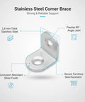 Heavy Duty Stainless Steel 90 Degree L Bracket For Furniture Reinforcement And Shelf Support 1.6mm Thick Silver Finish