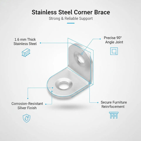 Heavy Duty Stainless Steel 90 Degree L Bracket For Furniture Reinforcement And Shelf Support 1.6mm Thick Silver Finish