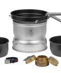 25-5 Nonstick Alcohol Stove Kit With Brass Spirit Burner, Dual Nonstick Pans 1.75L And 1.5L, camping essentials displayed